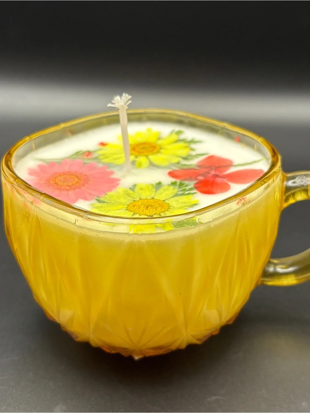Vintage Amber Glass Teacup Candle with Pressed Flowers 🌺